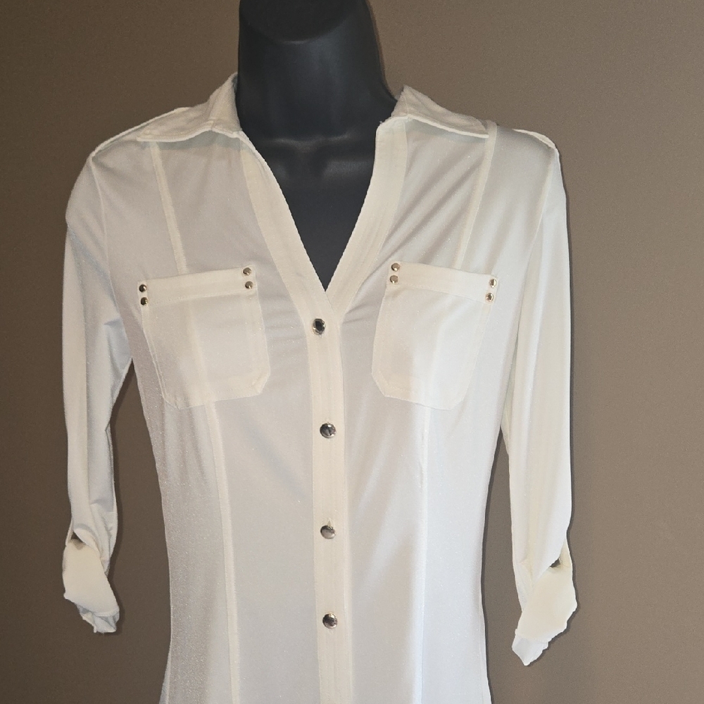 Cache White Tailored Blouse with Roll-Up Sleeves